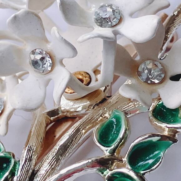 VTG Mid Century Enamel Dogwood Brooch Rhinestones Flowers Gold Tone Floral Pin - Picture 7 of 10